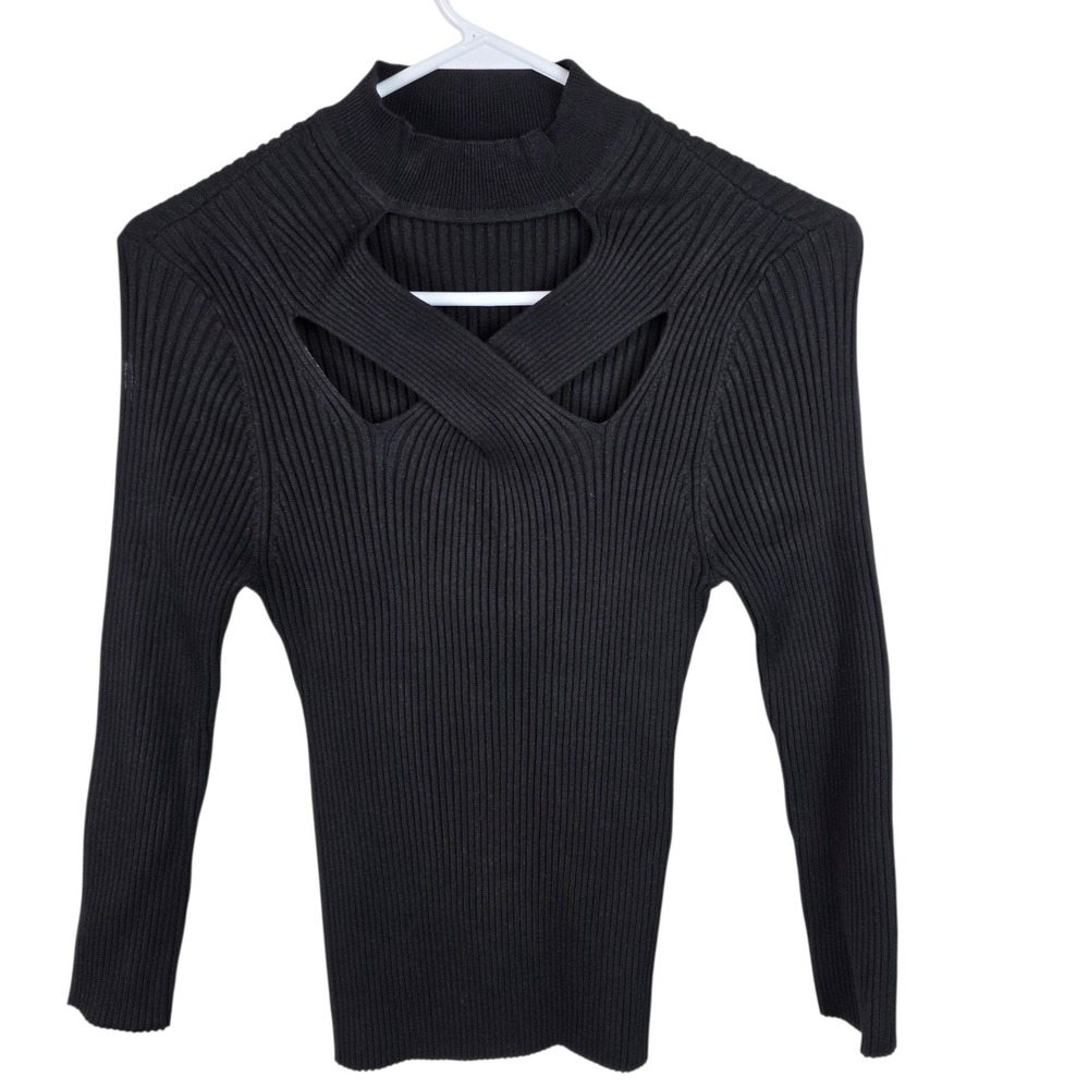 White House Black Market Top Womens M Black Good Ribbed Cutout Mock Neck